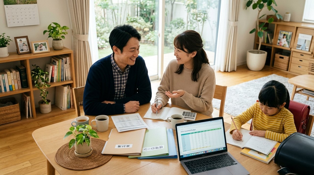家族で家計について話し合う日本の家庭の様子