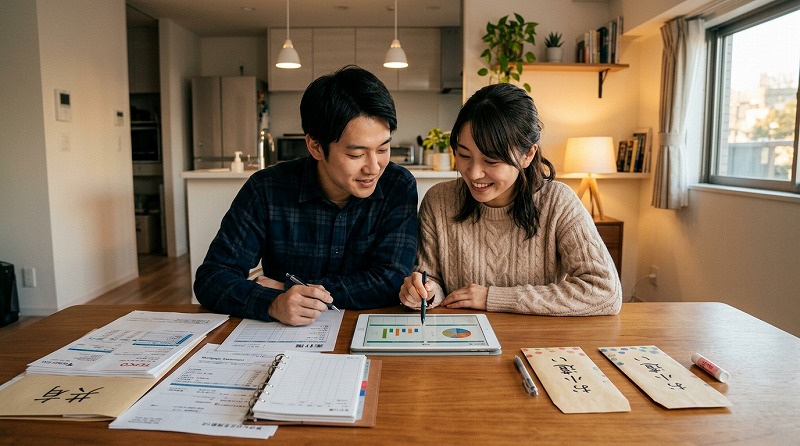 夫婦で家計資料を見ながら話し合う様子