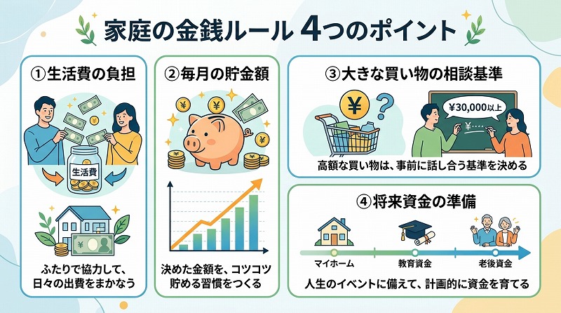 家庭のお金ルール4つのポイントを示した図解