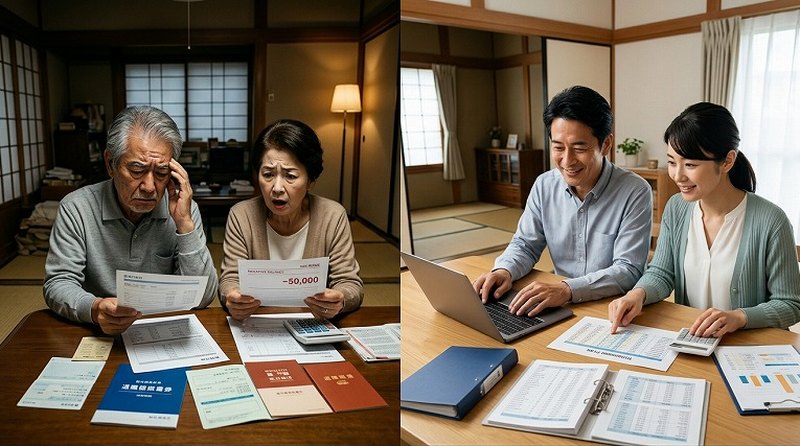 老後資金の準備不足と早めの計画の違いを表した比較イメージ
