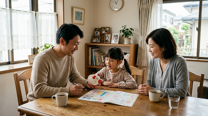 親子でお金について家庭で話し合う様子