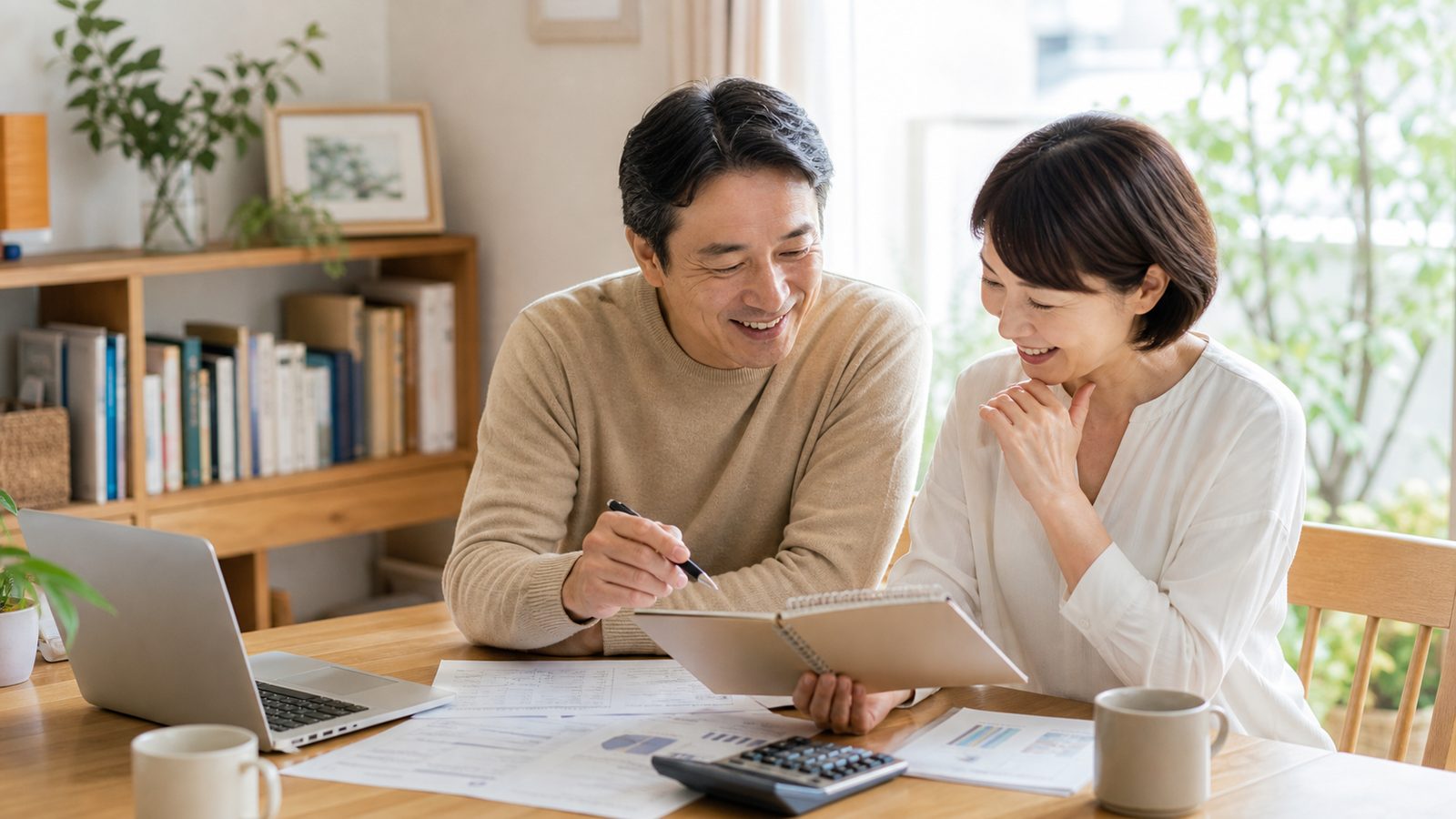夫婦が自宅で家計資料を見ながらお金の活かし方を話し合う様子