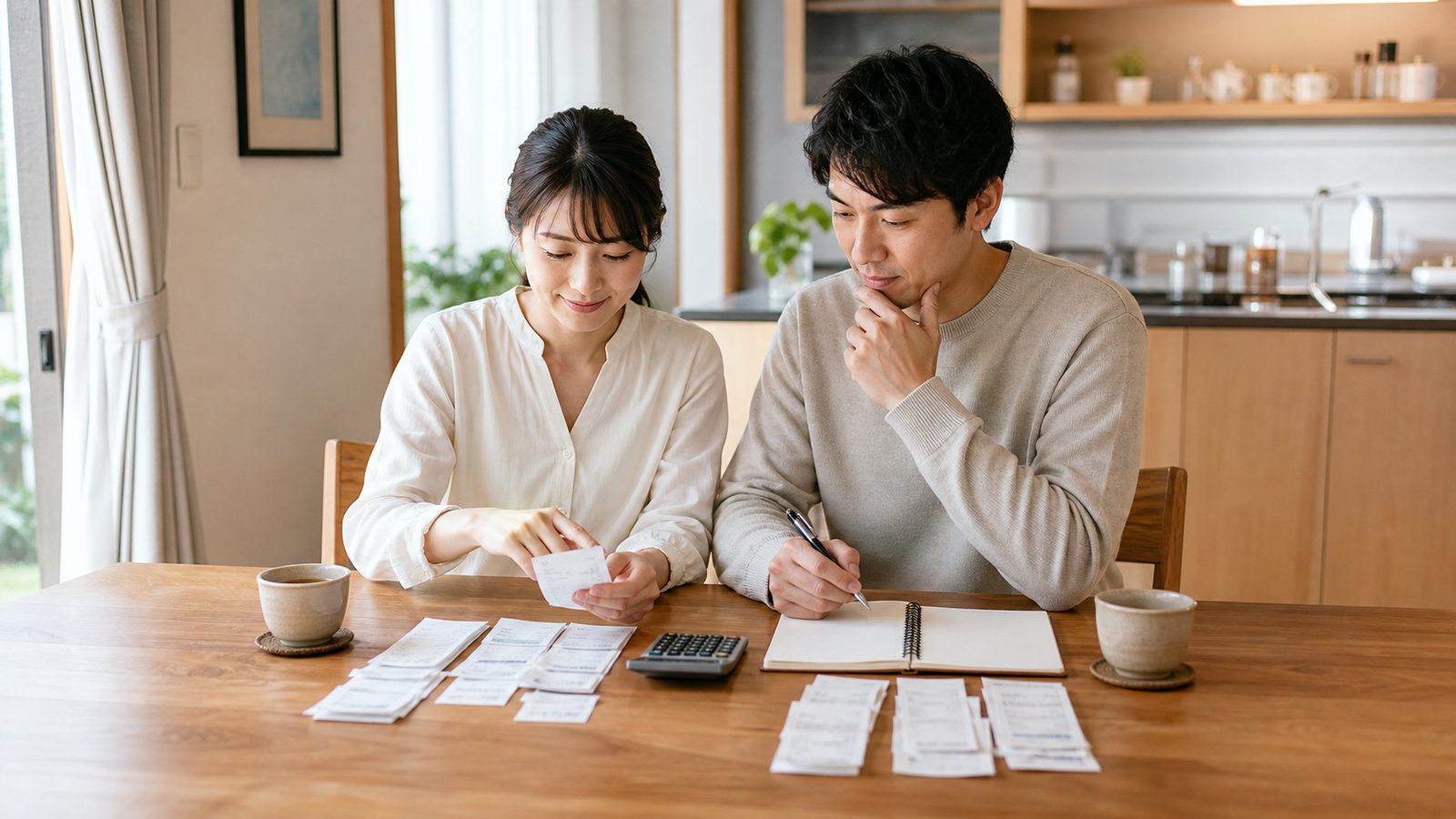 夫婦がレシートや家計資料を整理しながら支出を見直す様子