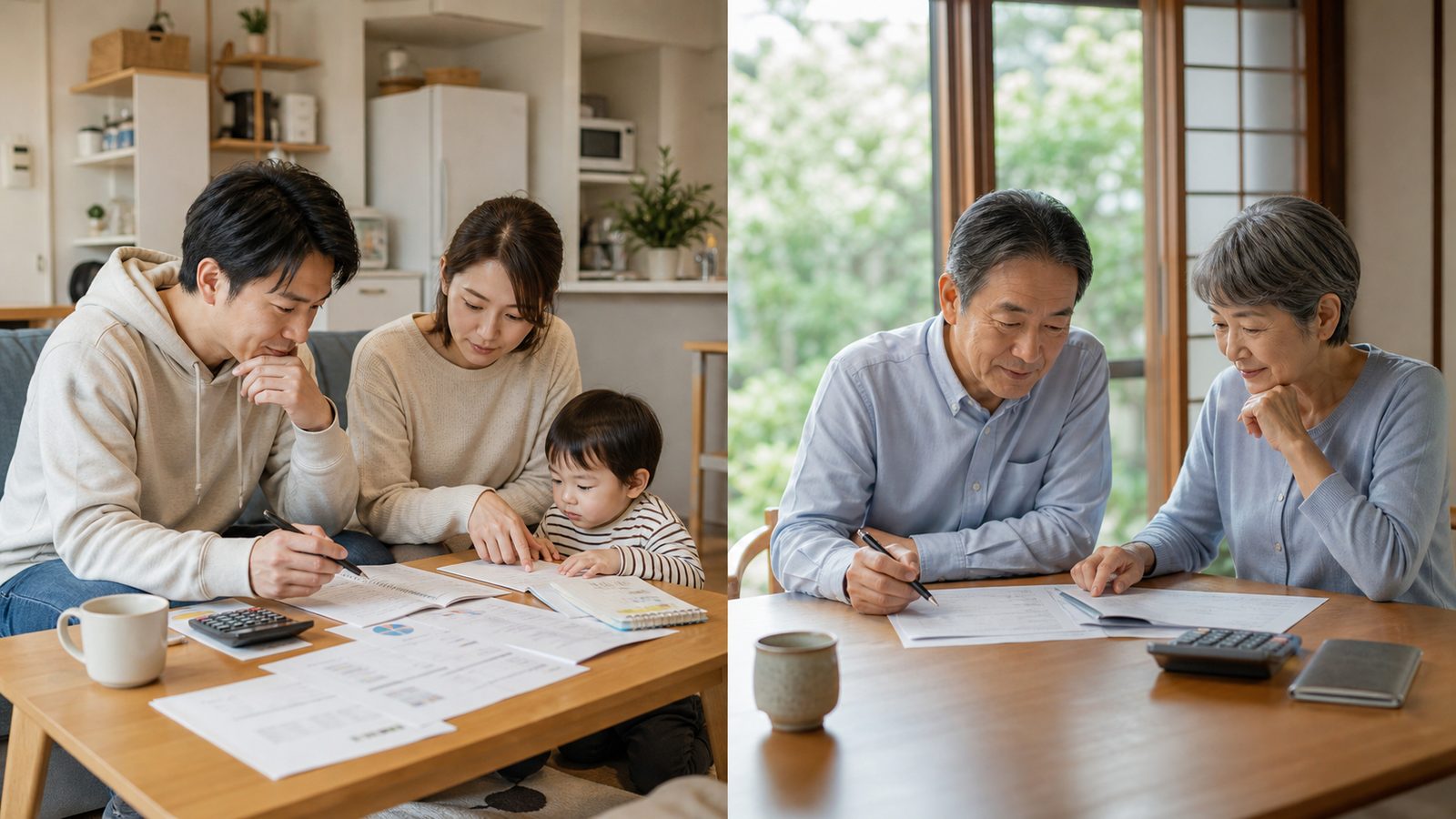 若い家族と高齢夫婦それぞれが家計について考える比較イメージ
