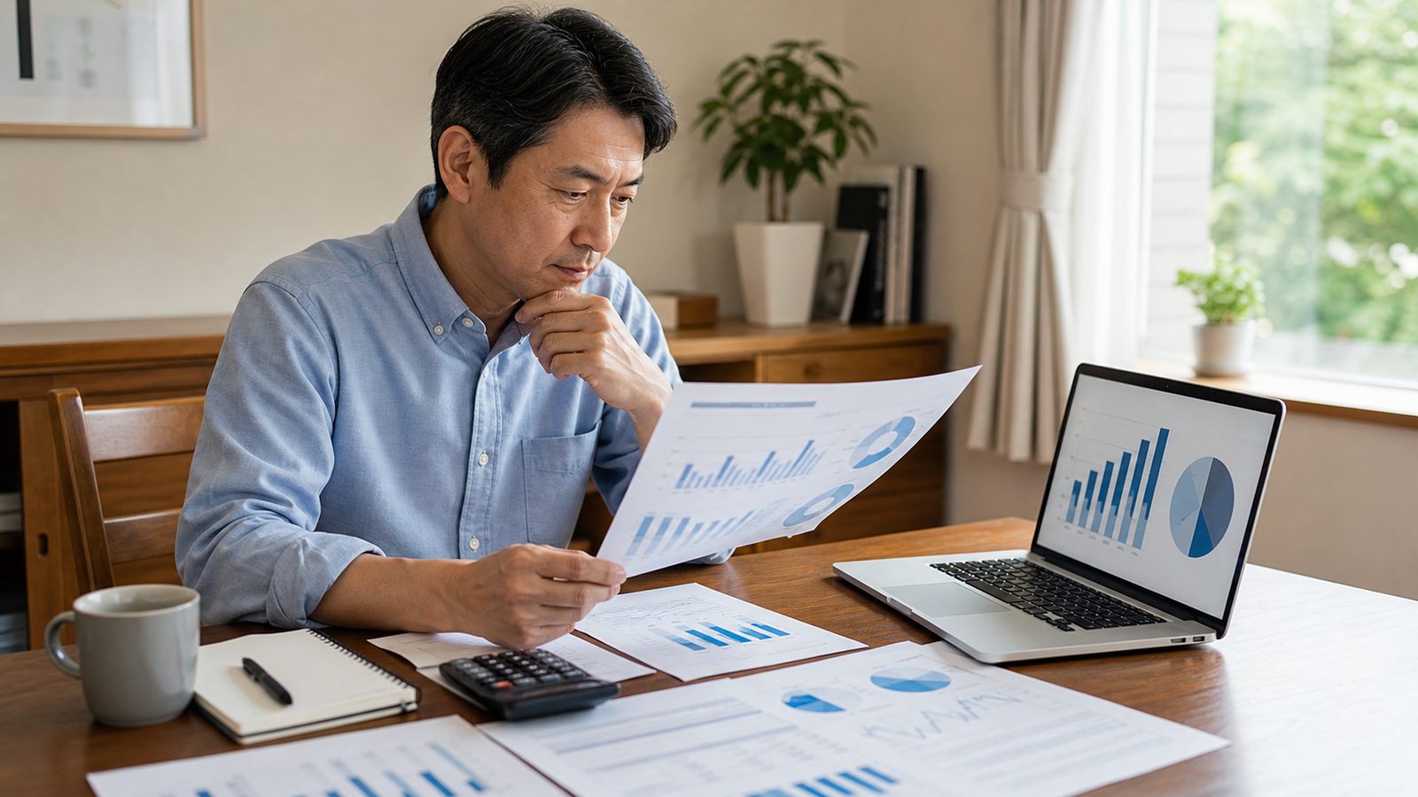 金融資産に関する資料やグラフを確認する様子