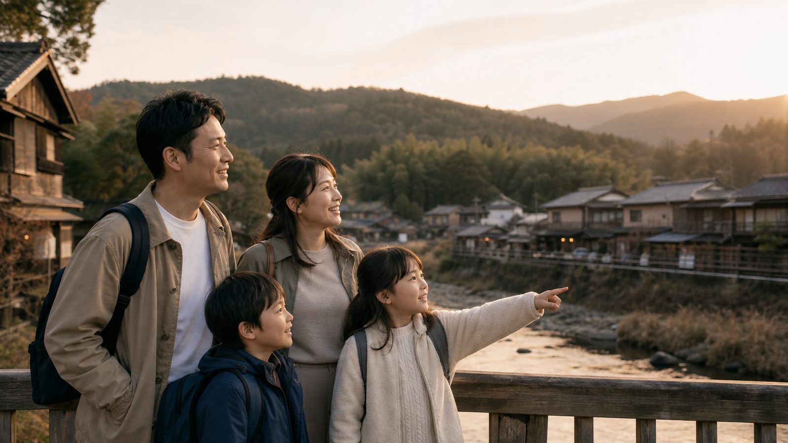 家族旅行で思い出を作る日本人家族の様子