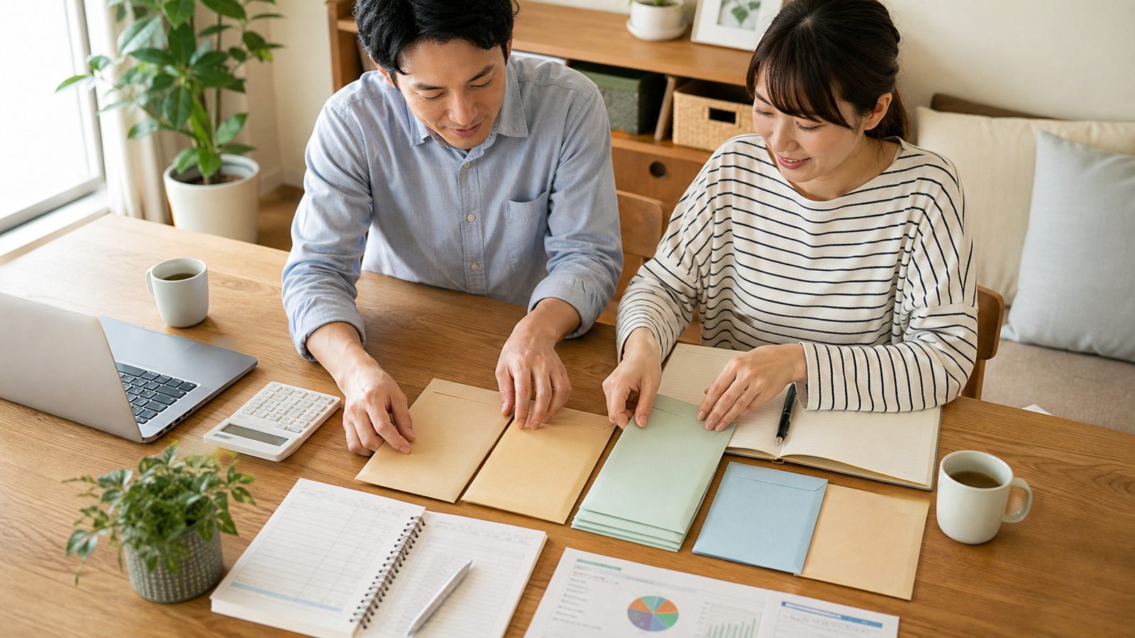使うお金と残すお金を整理している夫婦の手元