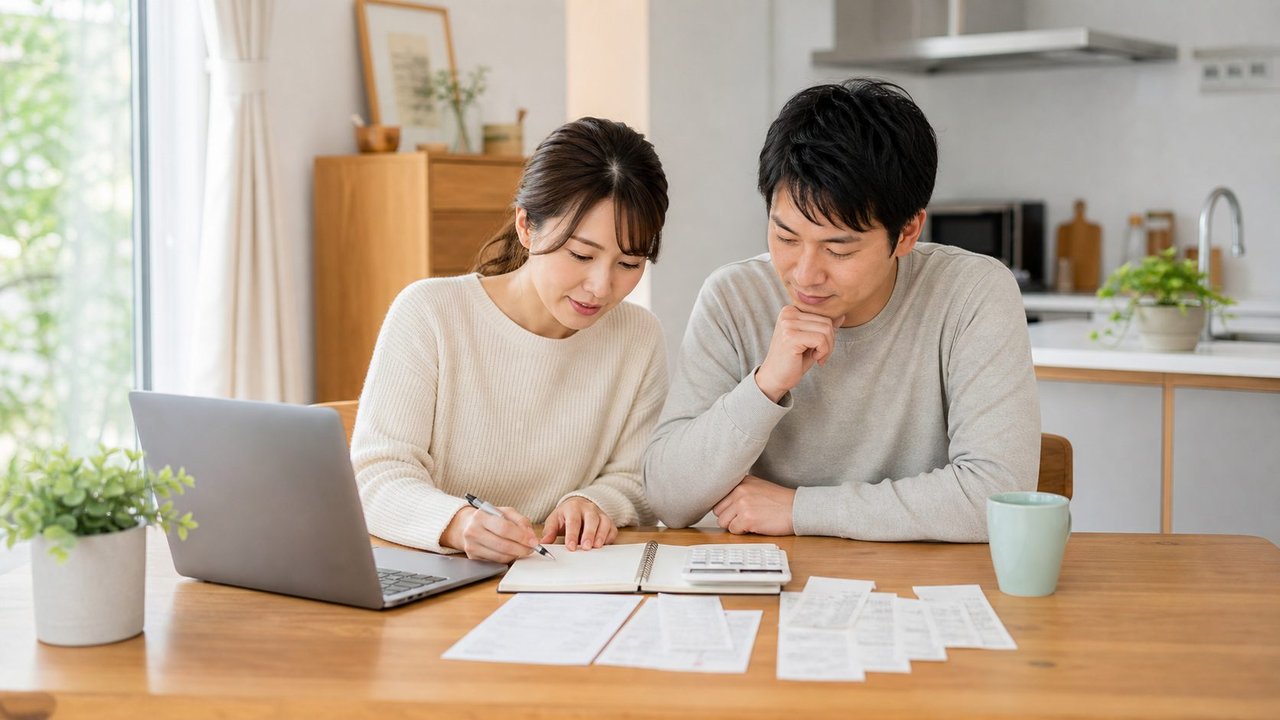 日本人夫婦が自宅で家計簿とノートパソコンを見ながら家計を話し合う様子
