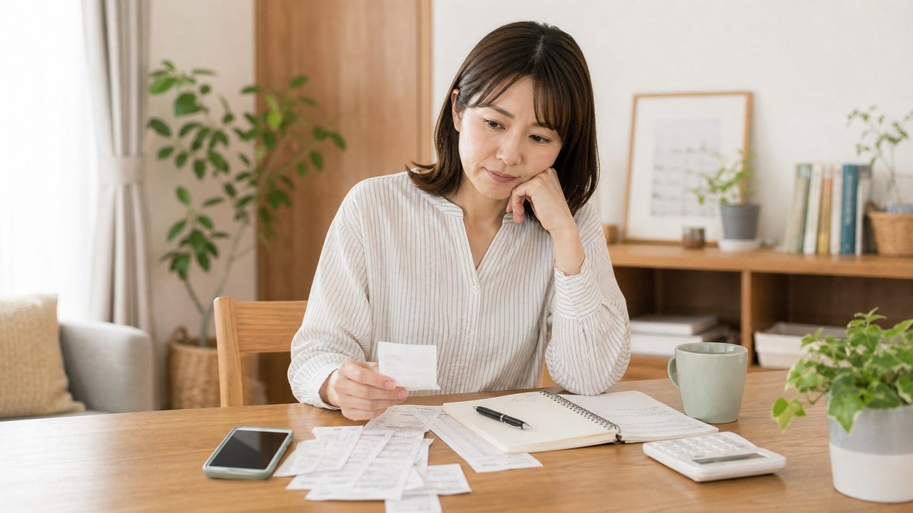 整理された家計簿と未整理のレシートが並び、家計簿への向き合い方の違いを表す手元