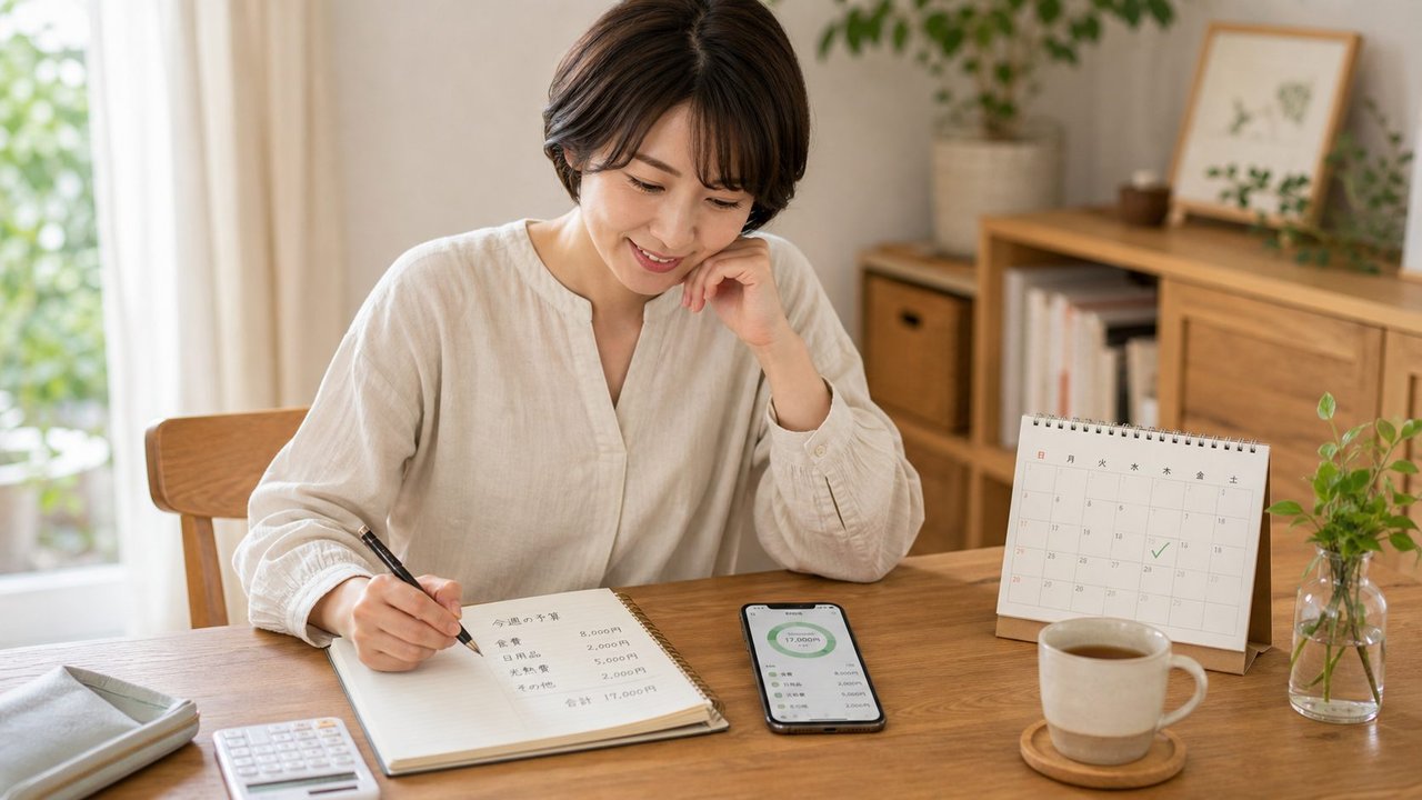 週1回の見直し予定、簡単な家計メモ、スマートフォンの家計管理画面が並ぶ机