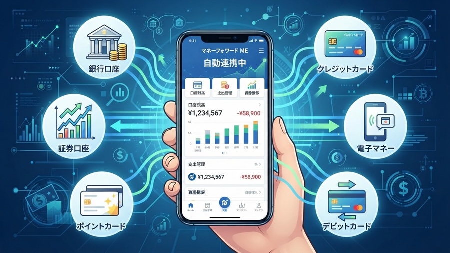 銀行口座やカード情報を連携してお金の流れを見える化するイメージ