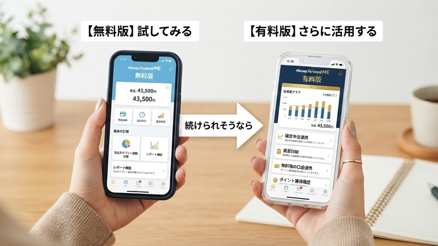 無料版から始めて必要に応じて有料版を検討するイメージ