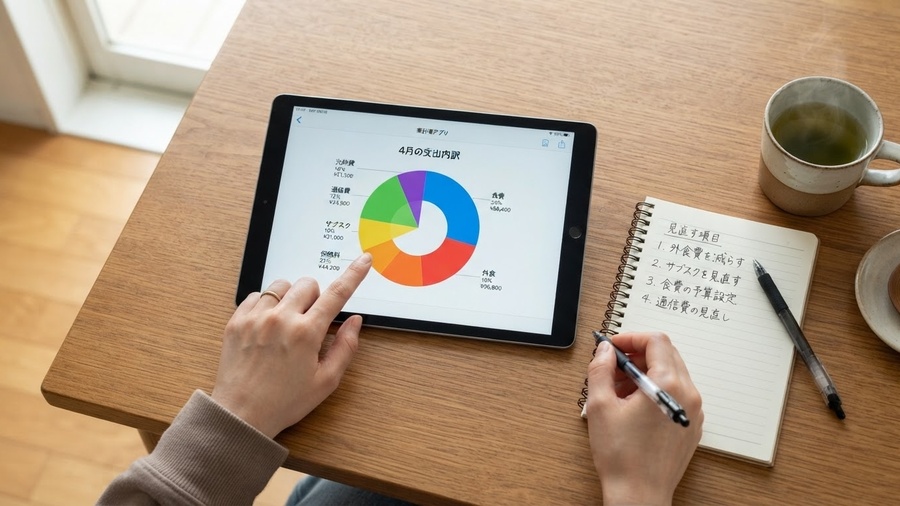食費、通信費、保険料、サブスクなど費目を整理するイメージ