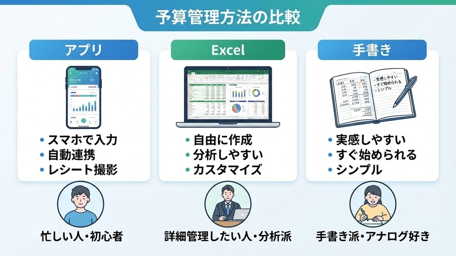 アプリ、Excel、手書きの家計簿を比較するイメージ