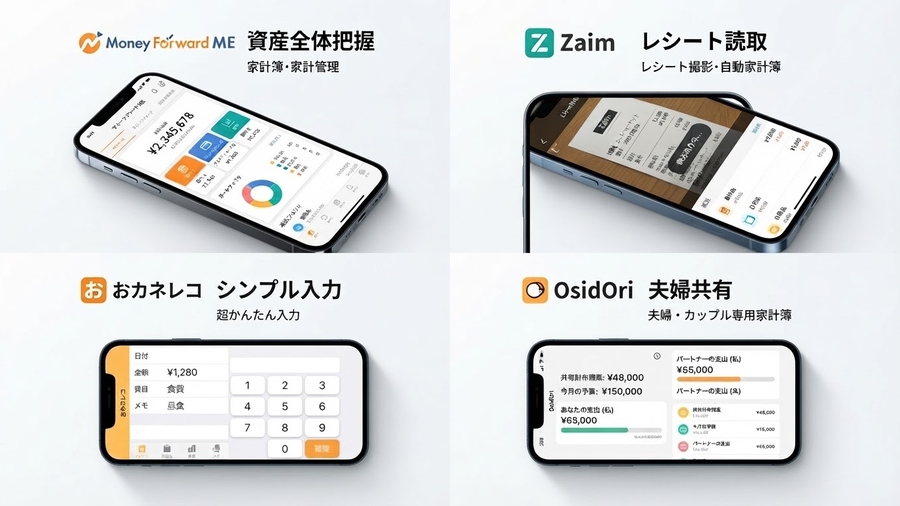 主な家計簿アプリを比較して選ぶイメージ