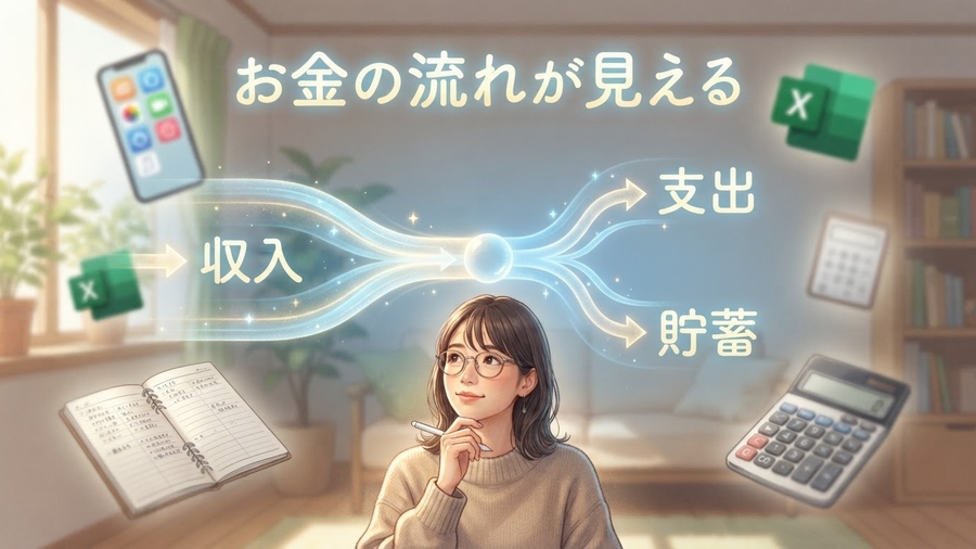家計簿の本来の目的であるお金の流れを見える化するイメージ