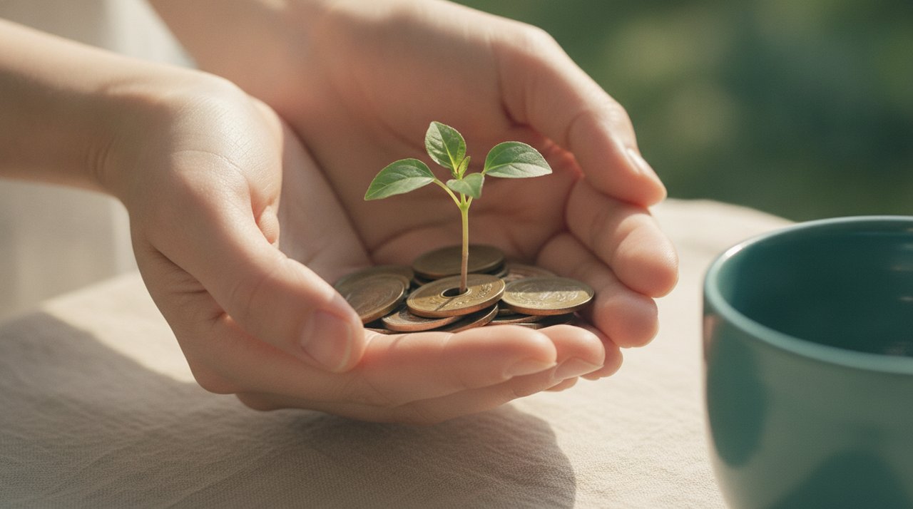 年金積立金を長い目で育てるイメージ（若葉と小銭を手のひらで包む様子）