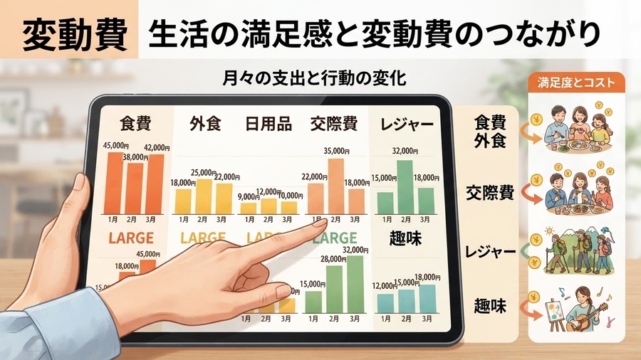 月によって変わる食費やレジャー費を整理するイメージ