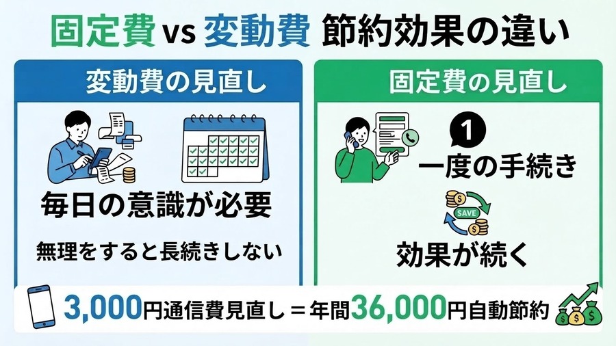 固定費と変動費の見直し効果を比較するイメージ