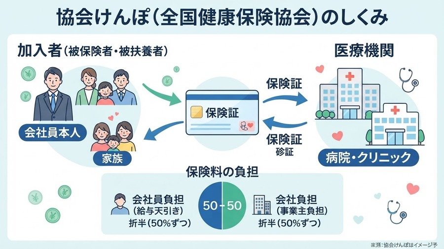 会社員の健康保険と家族の安心を表すイメージ