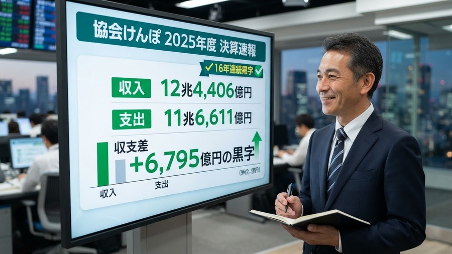 協会けんぽの黒字決算と保険料収入を確認するイメージ
