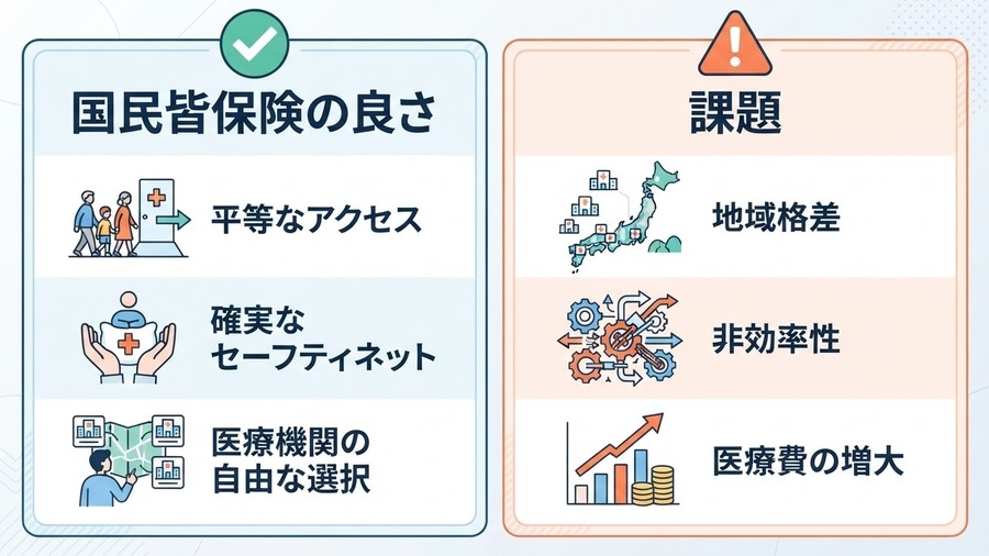 国民皆保険の安心と地域医療の課題を表すイメージ