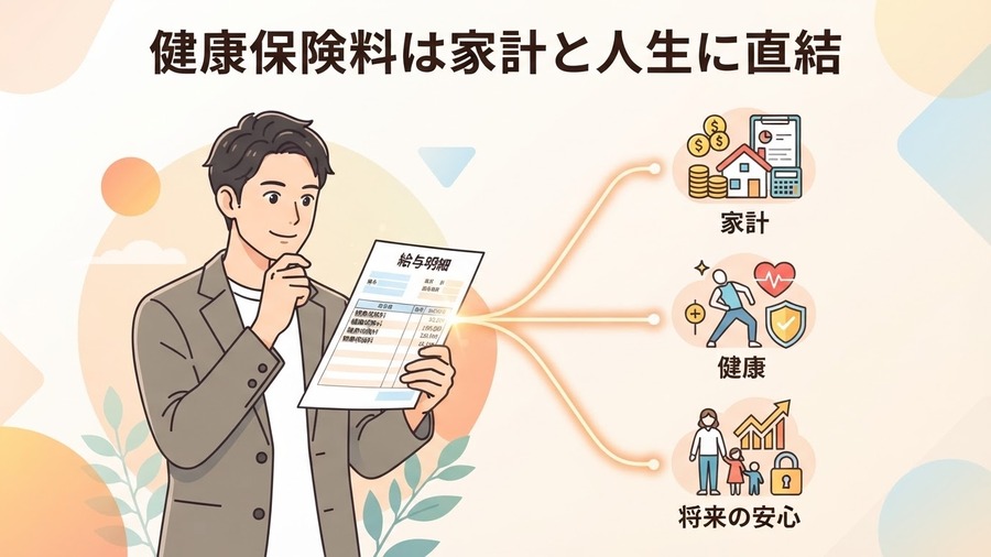 給料明細と健康、家計の将来を見つめるイメージ