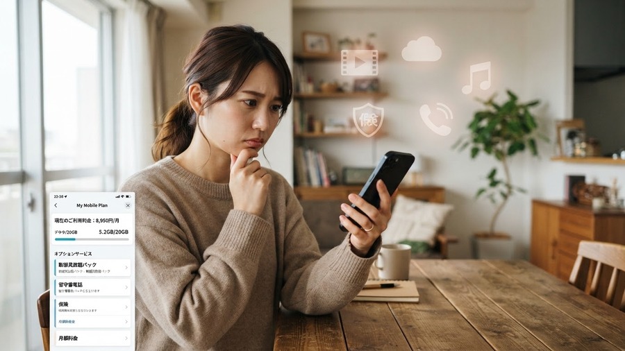 スマートフォンの料金プランやオプションを見直すイメージ