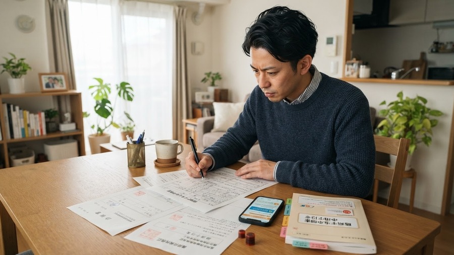 傷病手当金の申請書類を整理しながら手続きを進めるイメージ