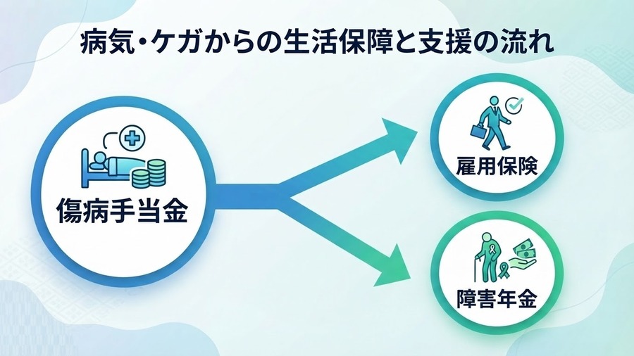 傷病手当金から雇用保険や障害年金など次の支援へつながる流れを示す図解