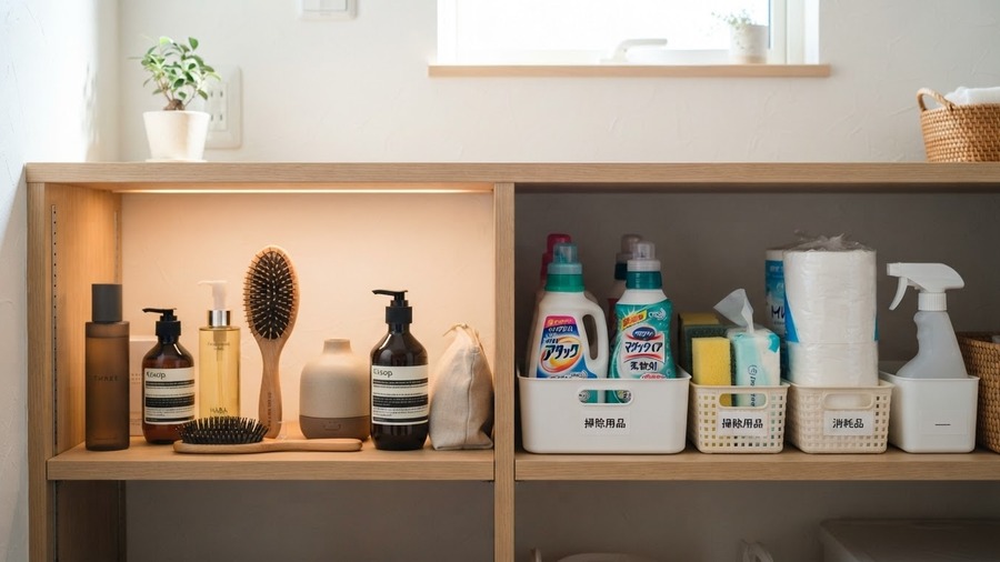 日用品をこだわるものとコスパ重視のものに分けて整理するイメージ