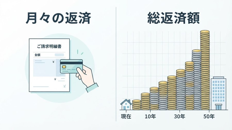 月々の返済額と総返済額の違いを示すイメージ