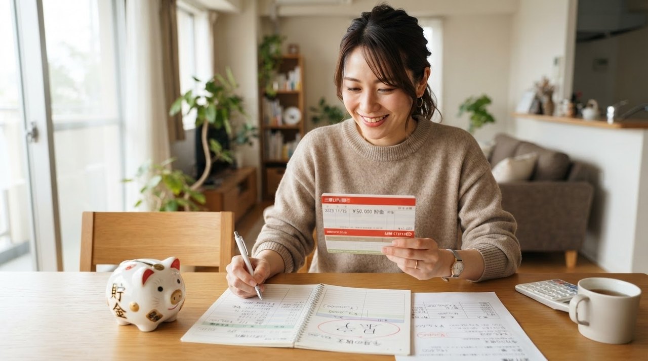 家計簿と貯金箱を前に貯蓄計画を確認する女性