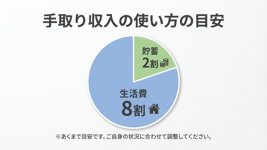 手取り収入の使い方の目安として生活費8割と貯蓄2割を示す図