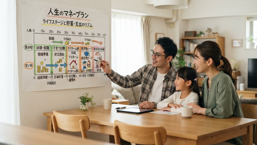 ライフステージごとの貯蓄と支出のリズムを家族で確認する様子