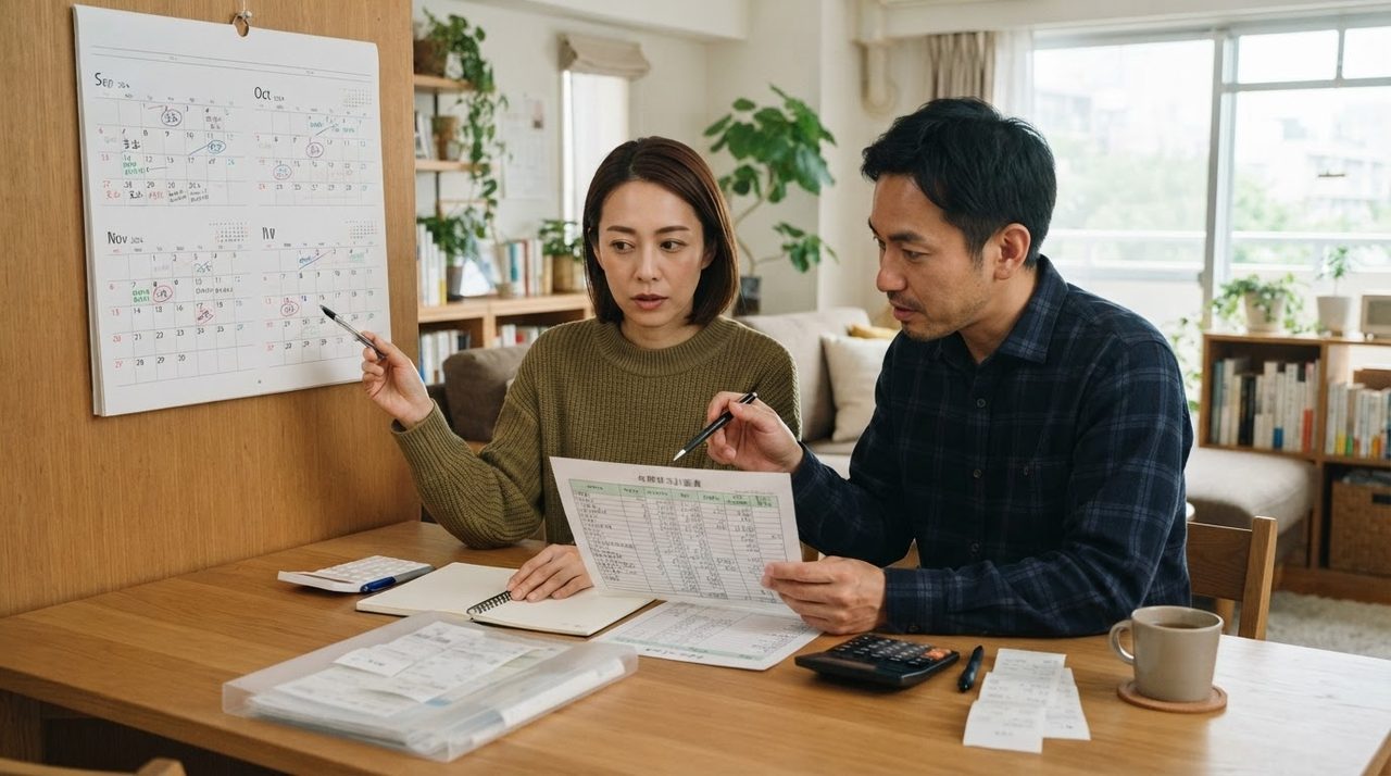 年間支出を夫婦で確認する様子