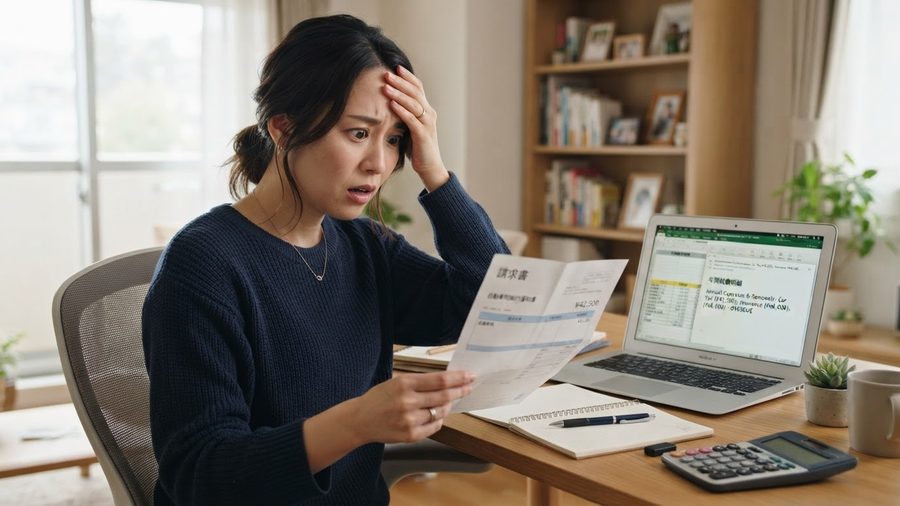 請求書を前に年間支出の負担を感じる女性