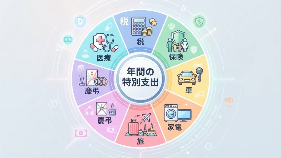 税金や保険、車、医療、旅行など年間の特別支出を表した図