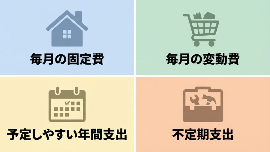 毎月の固定費、毎月の変動費、予定しやすい年間支出、不定期支出の4分類