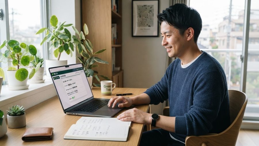 年間支出の計画を確認しながら積立を考える男性