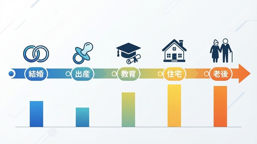 結婚、出産、教育、住宅、老後のライフイベントを時系列で表した図