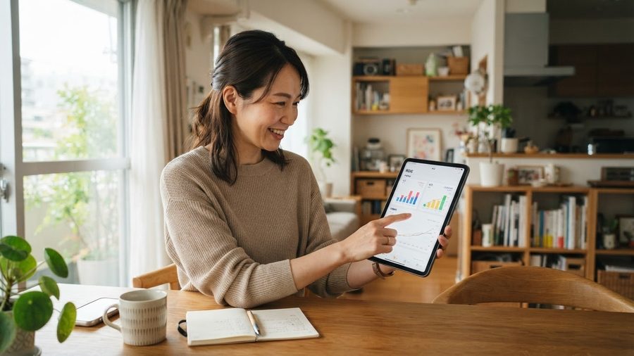 家計簿アプリで年間の支出を振り返る女性