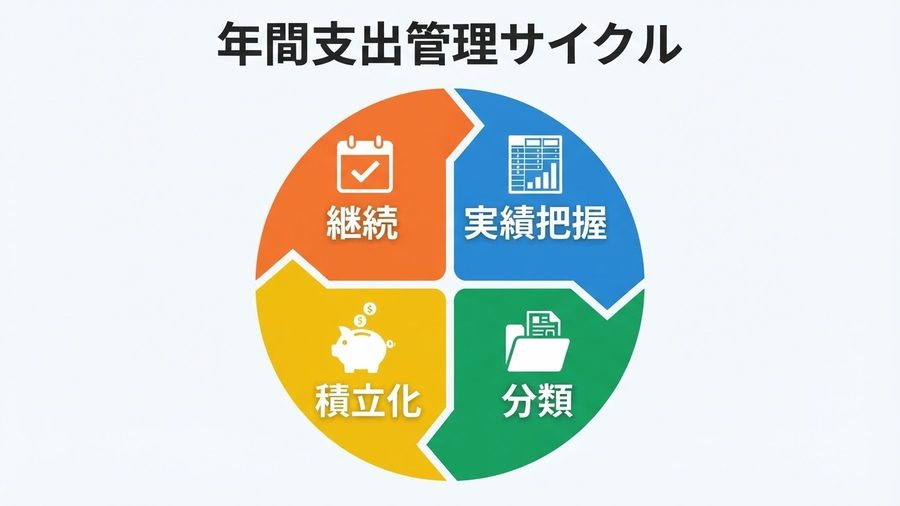 継続、実績把握、分類、積立化からなる年間支出管理サイクル