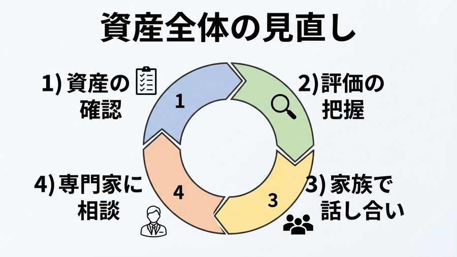 資産の確認、評価の把握、家族との話し合い、専門家相談の4段階