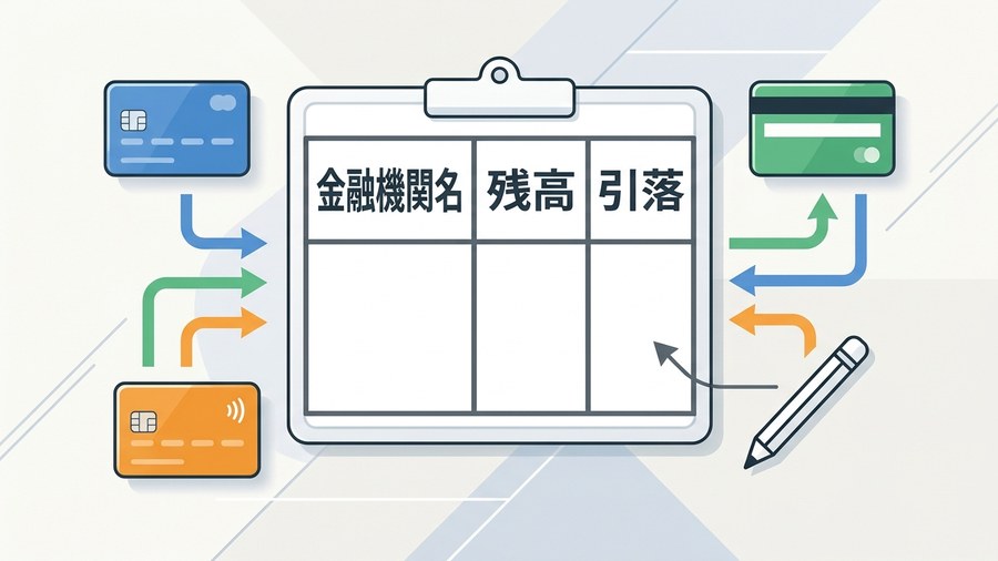 金融機関名、残高、引き落としを確認する口座一覧のイメージ
