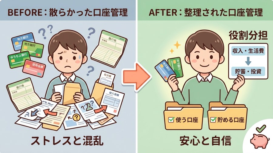 口座が散らかった状態から、役割を決めて整理された状態へ変わるイメージ