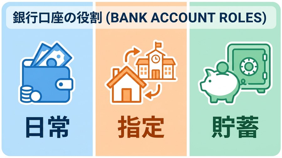 日常、指定、貯蓄という銀行口座の3つの役割を示す図