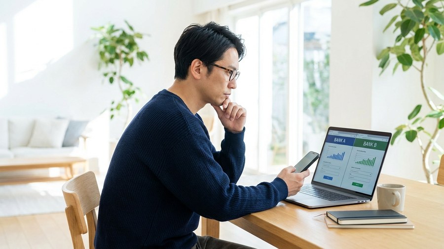 スマートフォンとパソコンで銀行口座の情報を確認する男性
