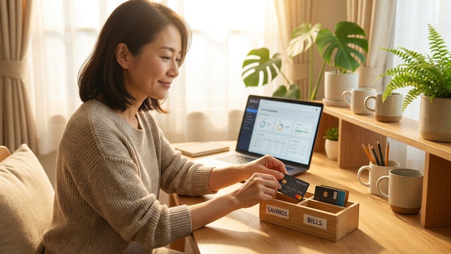 目的別に分けたお金を整理し、スマートフォンで確認する女性