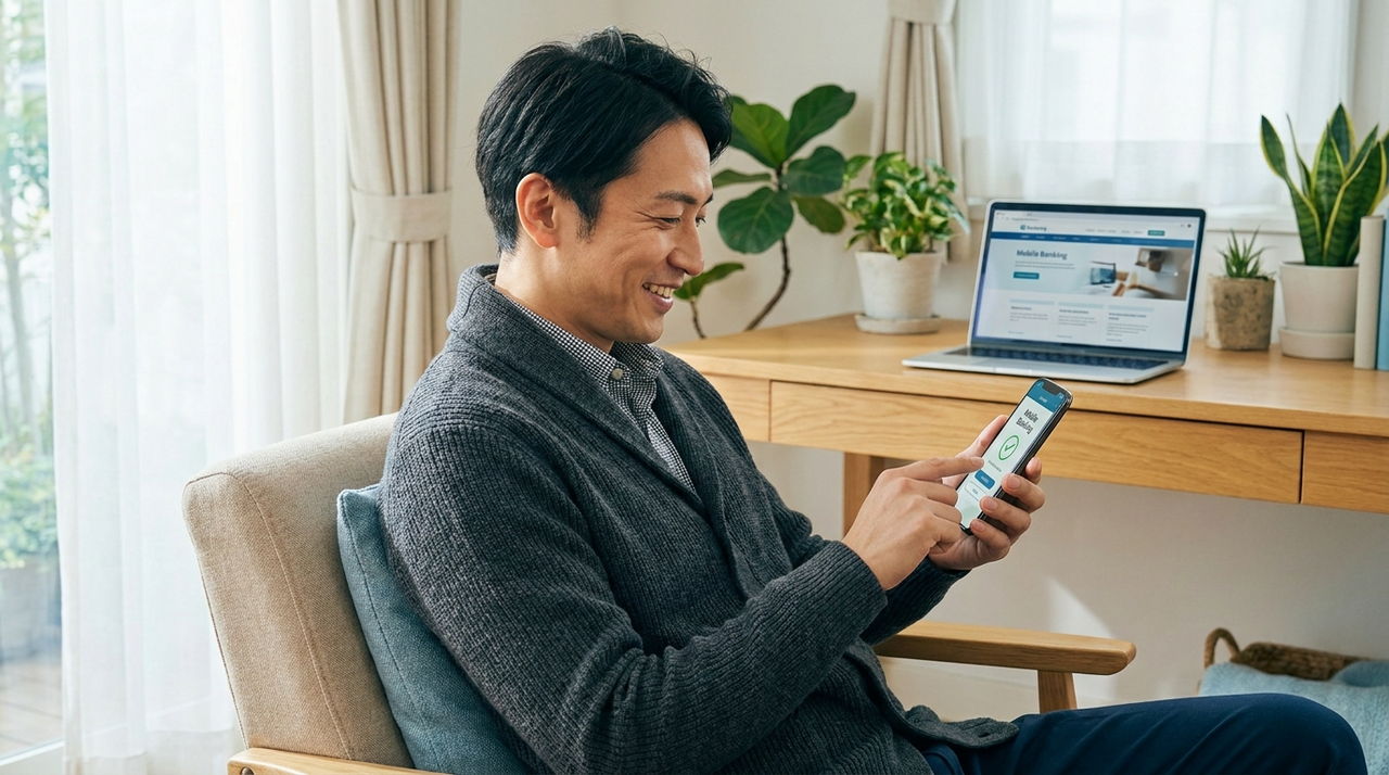 自宅でスマートフォンのネット銀行を利用する男性